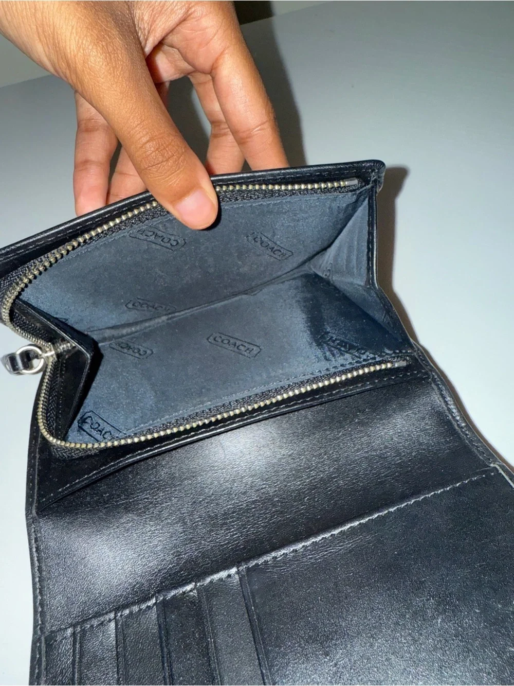 Coach Black Signature Canvas Trifold Wallet with Leather Trim